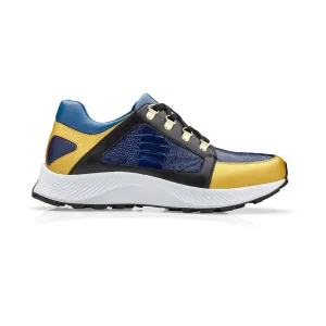 Belvedere Exotic Skin Shoes Belvedere Adam in Gold, Electric Blue & Black Exotic Ostrich / Calf-Skin Leather Sneaker