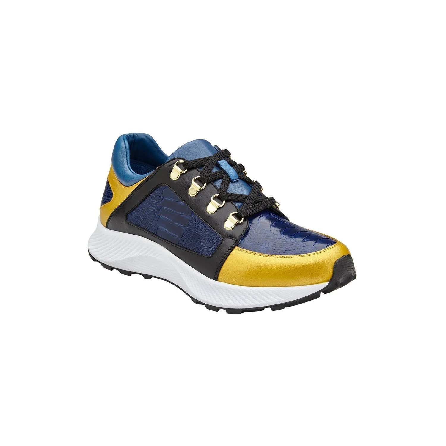 Belvedere Exotic Skin Shoes Belvedere Adam in Gold, Electric Blue & Black Exotic Ostrich / Calf-Skin Leather Sneaker