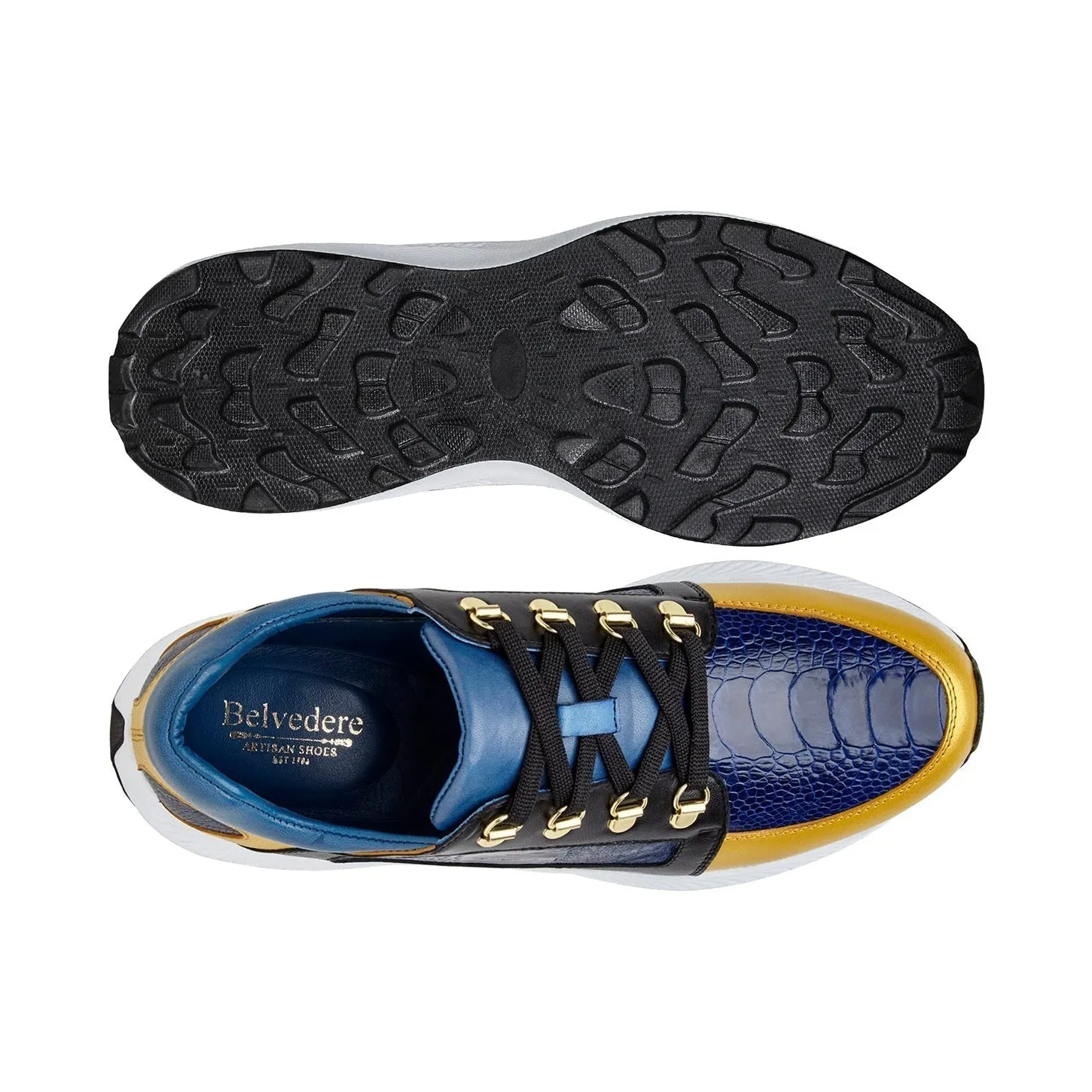 Belvedere Exotic Skin Shoes Belvedere Adam in Gold, Electric Blue & Black Exotic Ostrich / Calf-Skin Leather Sneaker