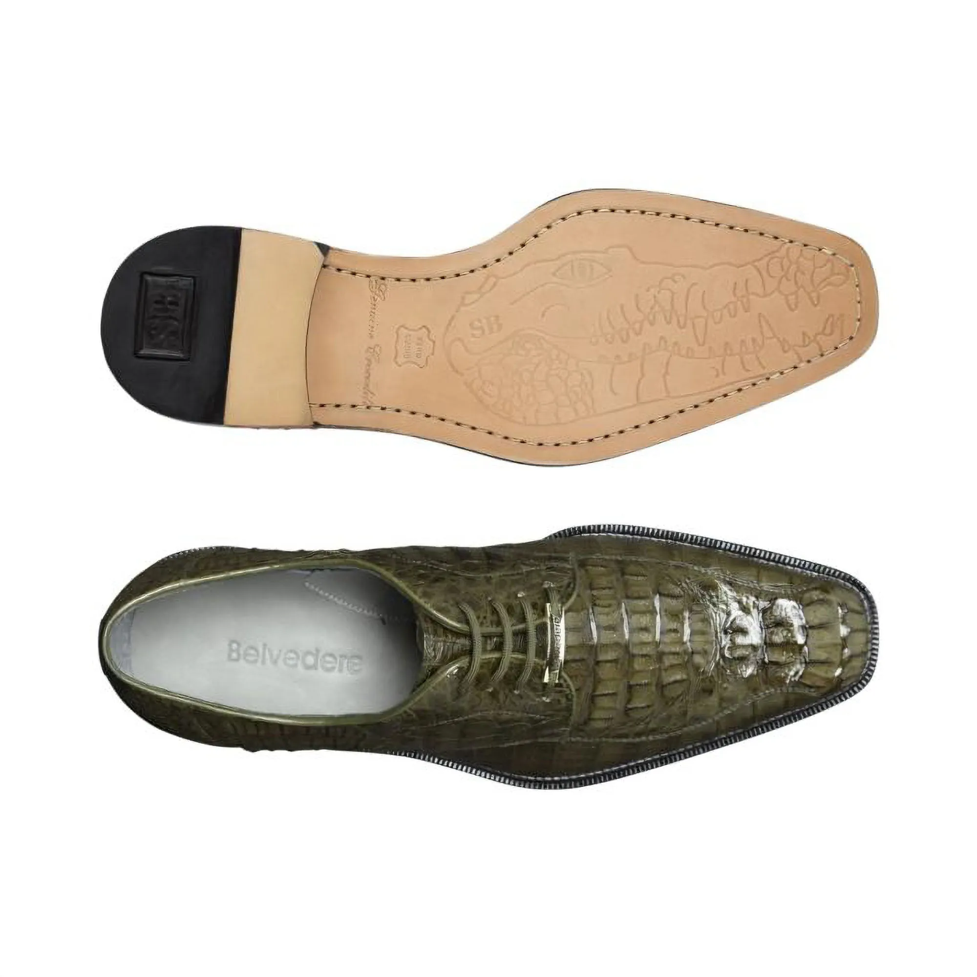 Belvedere Exotic Skin Shoes Belvedere Chapo in Olive Caiman Alligator Oxfords