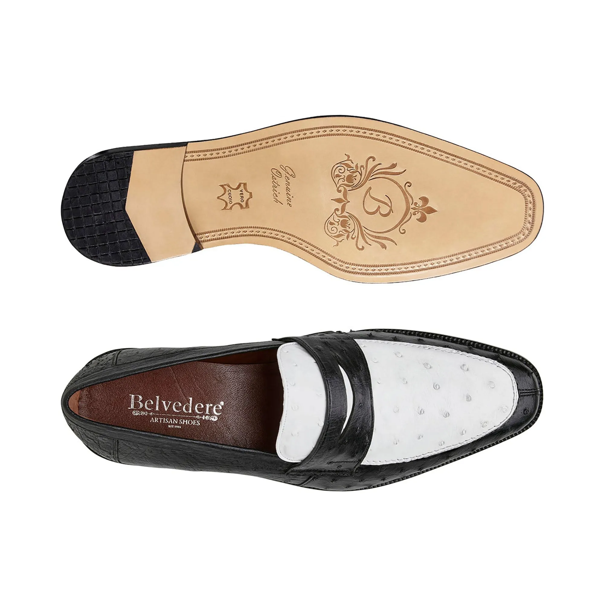 Belvedere Exotic Skin Shoes Belvedere Espada in Black / White Ostrich Quill Penny Loafers
