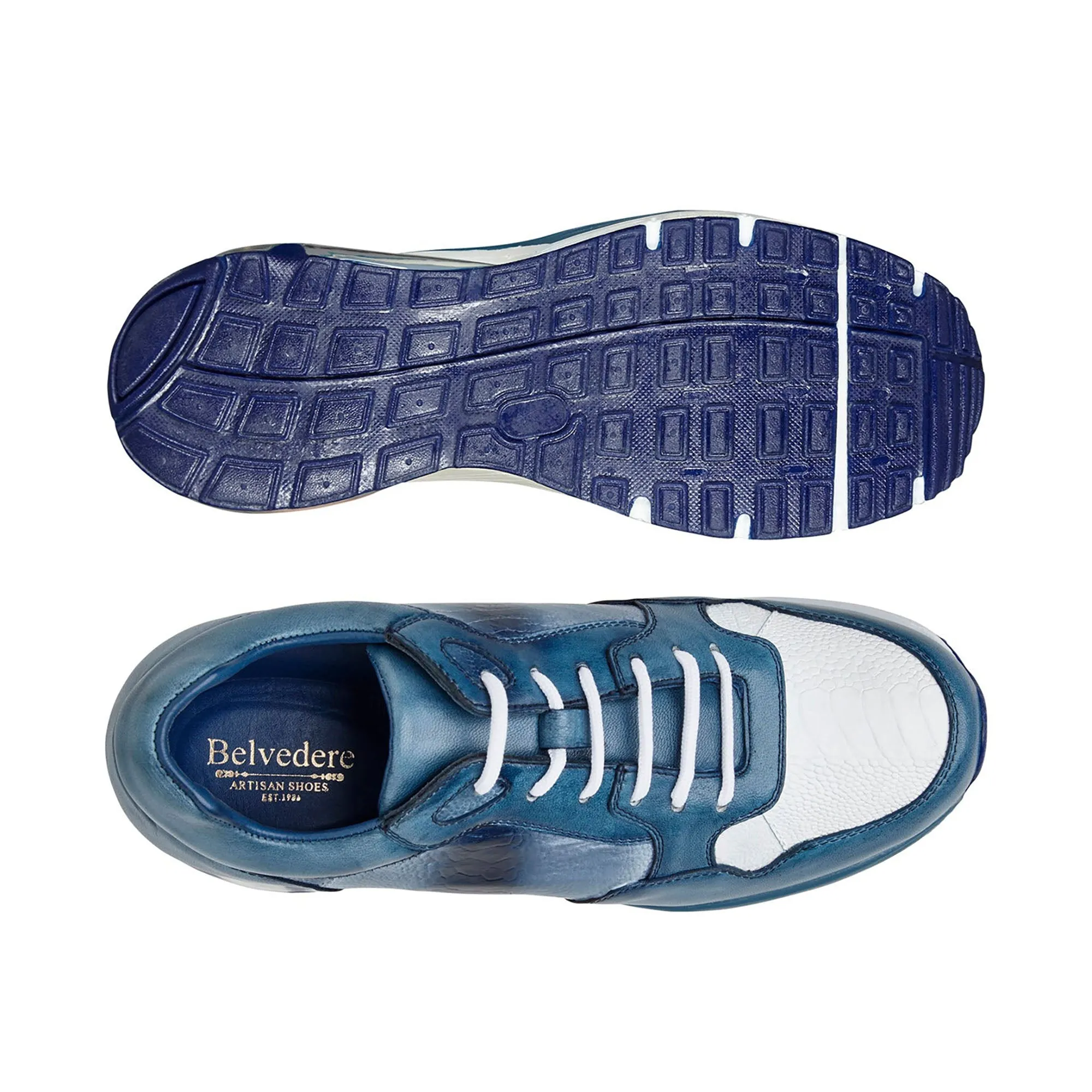 Belvedere Exotic Skin Shoes Belvedere Gino in Antique Caribbean Blue / White Genuine Ostrich Leg and Soft Calf Sneaker