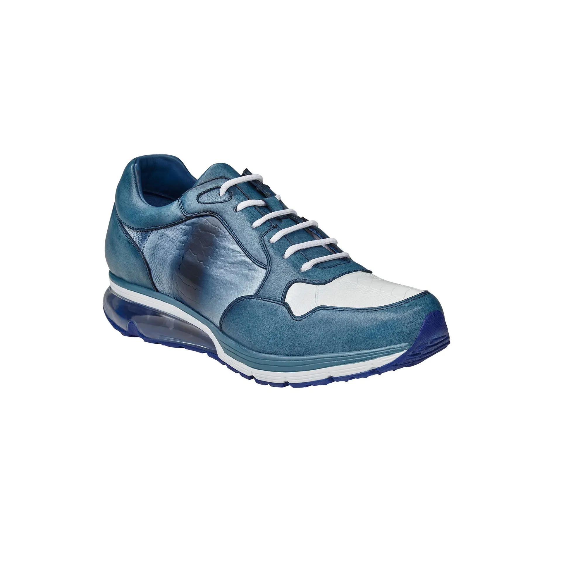 Belvedere Exotic Skin Shoes Belvedere Gino in Antique Caribbean Blue / White Genuine Ostrich Leg and Soft Calf Sneaker