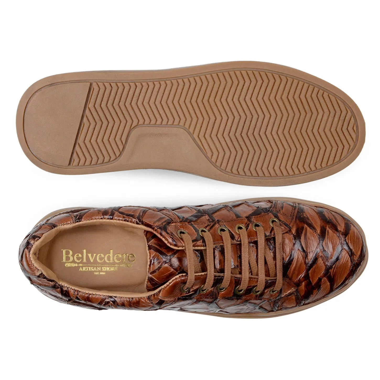 Belvedere Exotic Skin Shoes Belvedere Kingstone in Antique Almond Exotic Pirarucu Lace-Up Casual Sneaker
