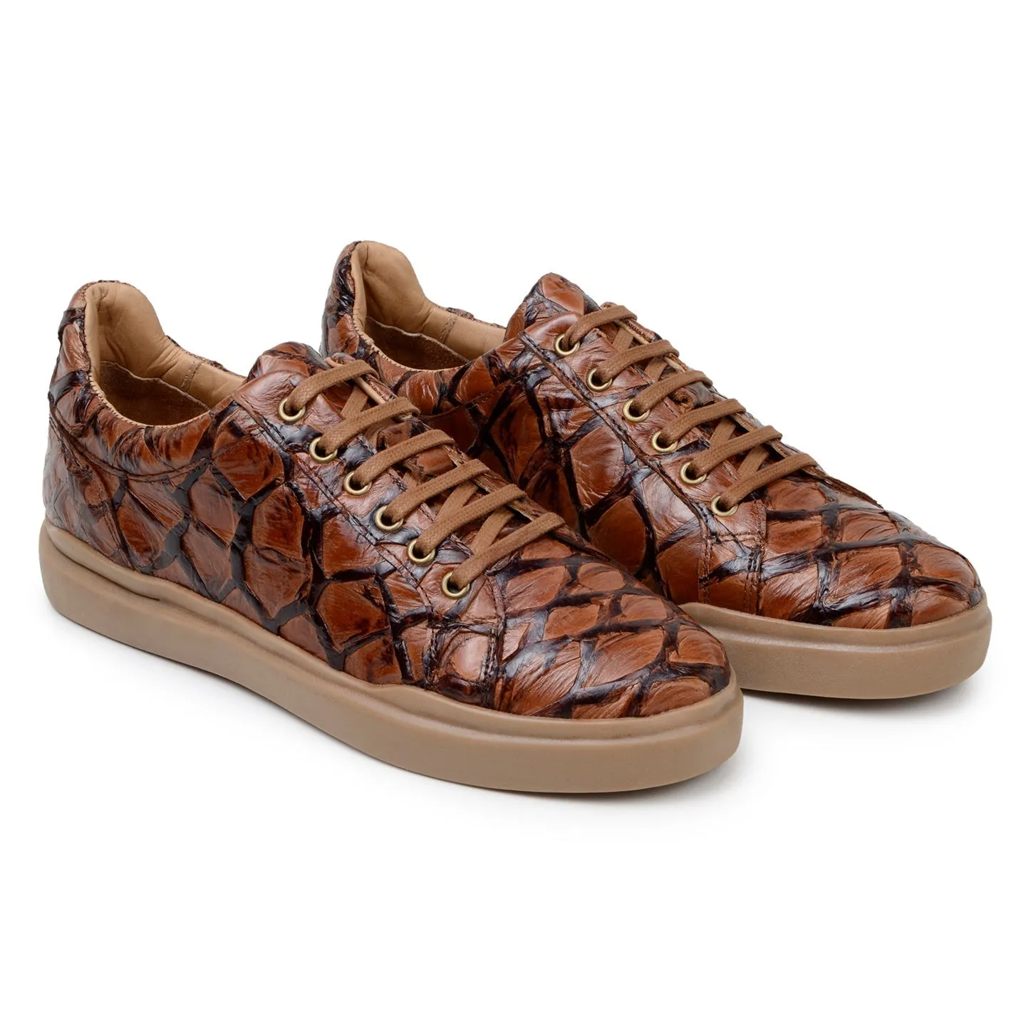 Belvedere Exotic Skin Shoes Belvedere Kingstone in Antique Almond Exotic Pirarucu Lace-Up Casual Sneaker