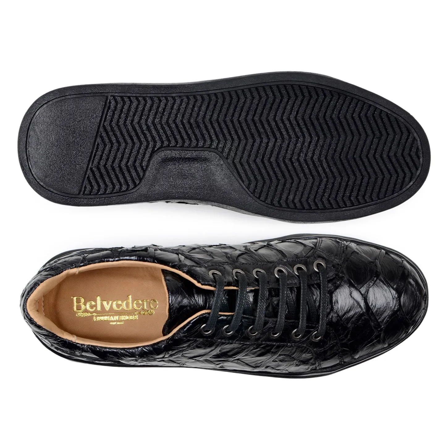 Belvedere Exotic Skin Shoes Belvedere Kingstone in Black Exotic Pirarucu Lace-Up Casual Sneaker