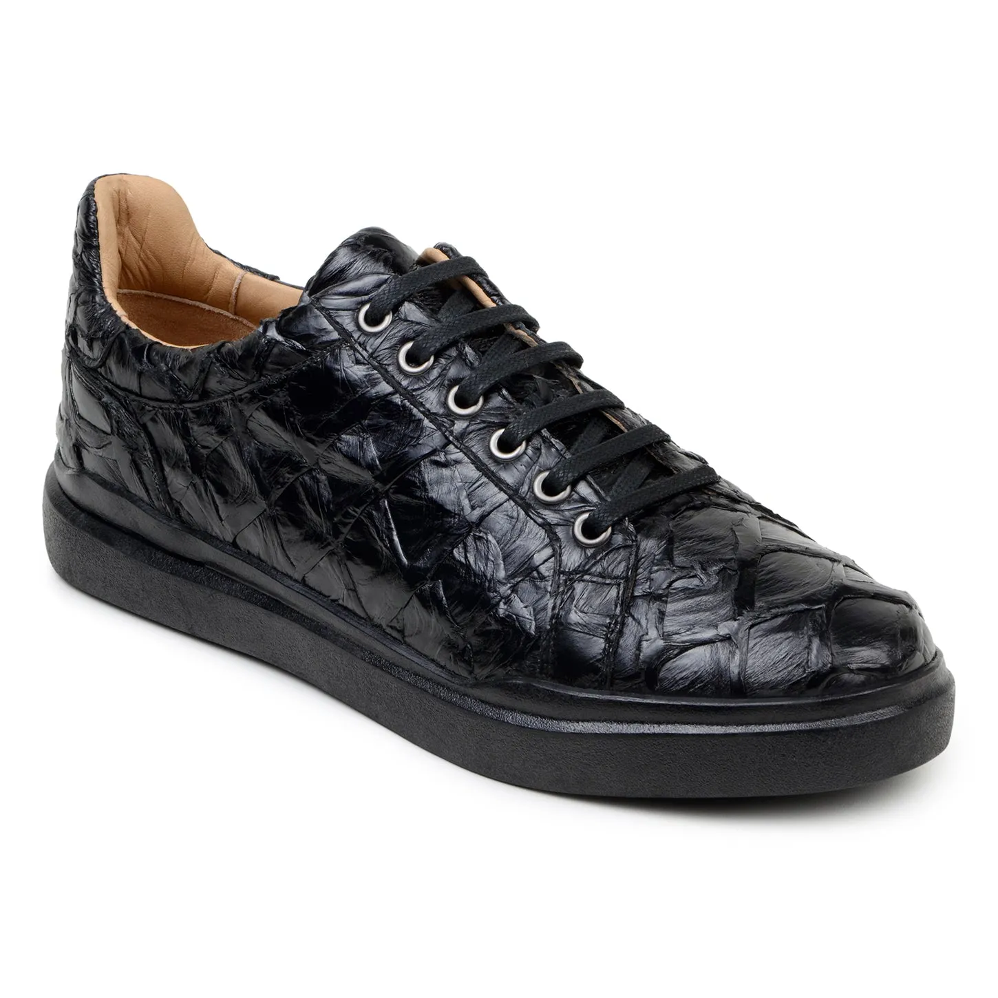 Belvedere Exotic Skin Shoes Belvedere Kingstone in Black Exotic Pirarucu Lace-Up Casual Sneaker