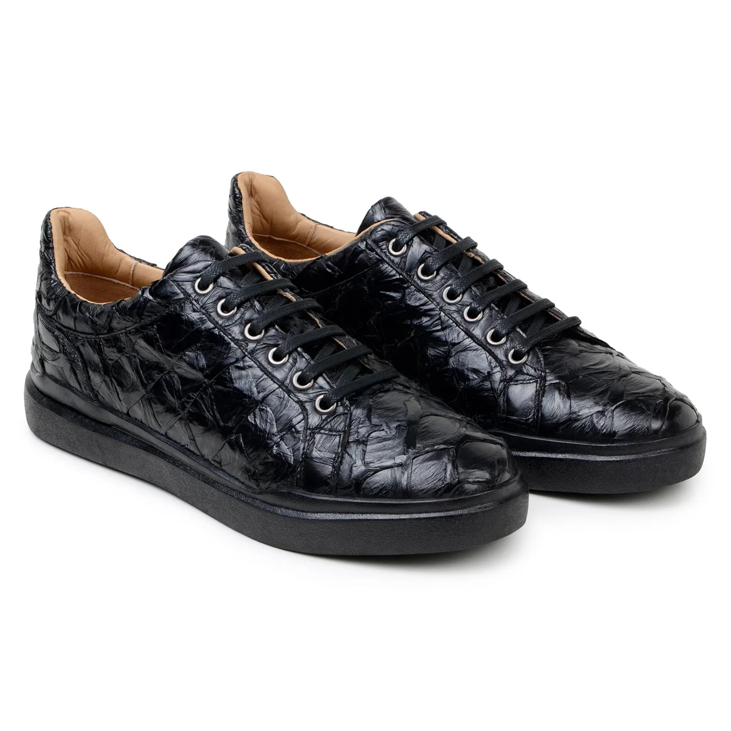 Belvedere Exotic Skin Shoes Belvedere Kingstone in Black Exotic Pirarucu Lace-Up Casual Sneaker