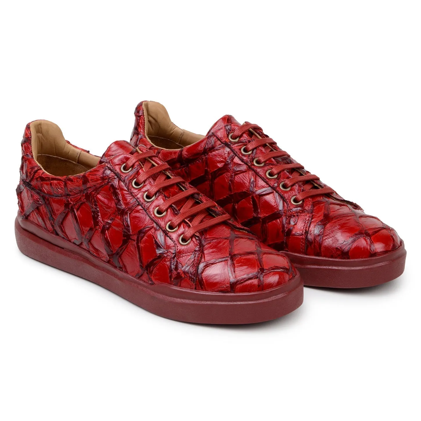 Belvedere Exotic Skin Shoes Belvedere Kingstone in Red Exotic Pirarucu Lace-Up Casual Sneaker
