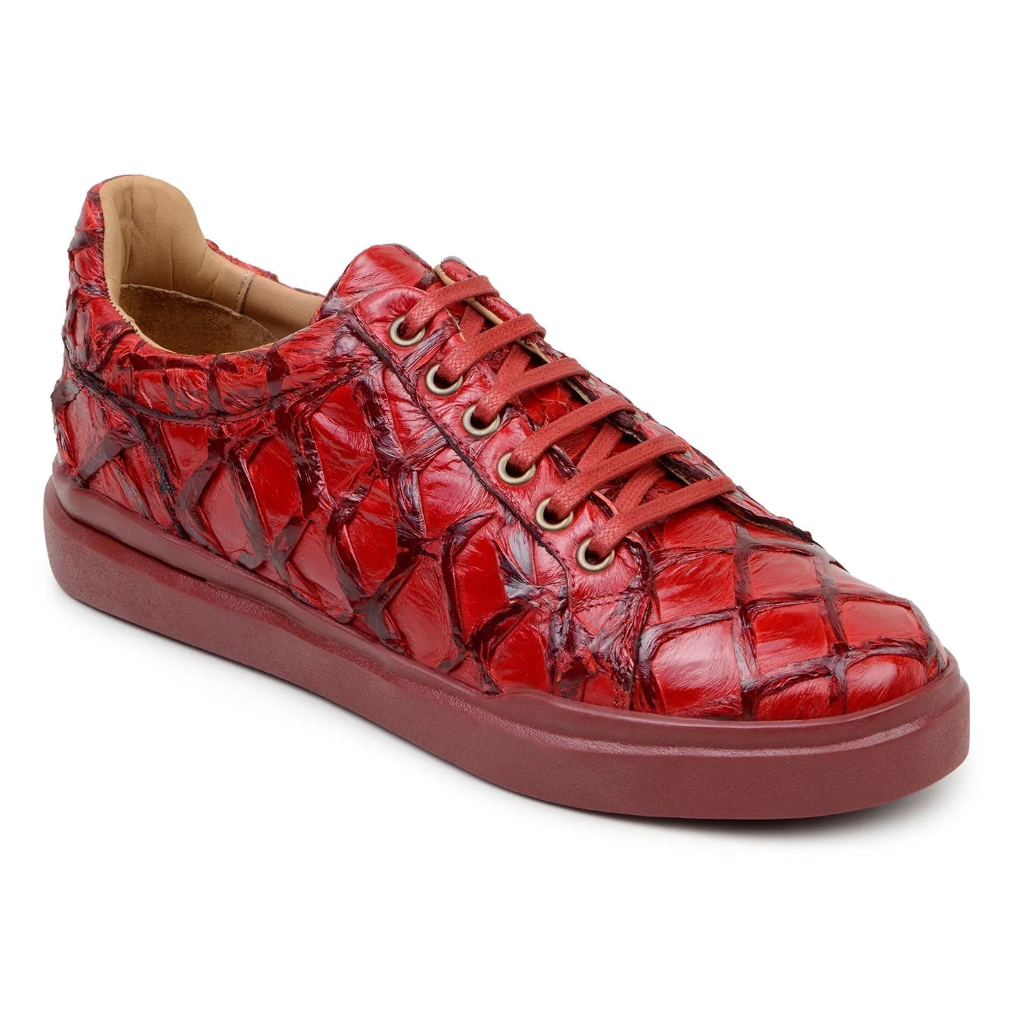 Belvedere Exotic Skin Shoes Belvedere Kingstone in Red Exotic Pirarucu Lace-Up Casual Sneaker