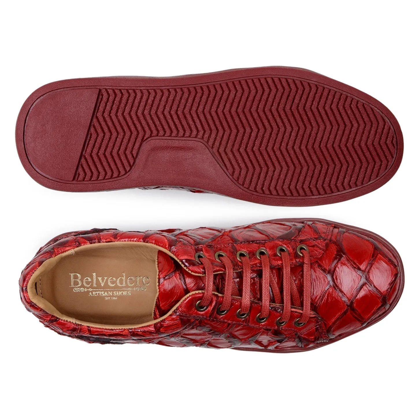Belvedere Exotic Skin Shoes Belvedere Kingstone in Red Exotic Pirarucu Lace-Up Casual Sneaker