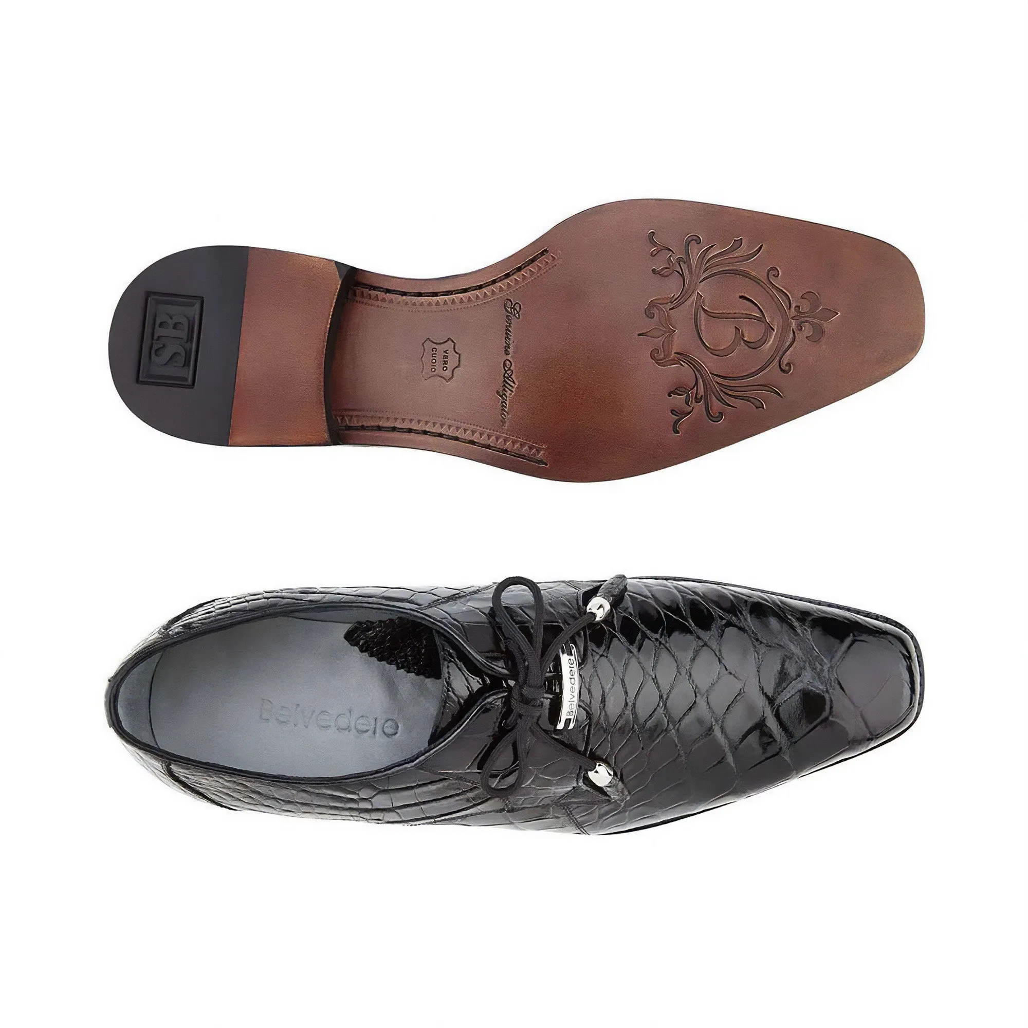Belvedere Exotic Skin Shoes Belvedere Lago in Black Genuine Alligator Oxfords