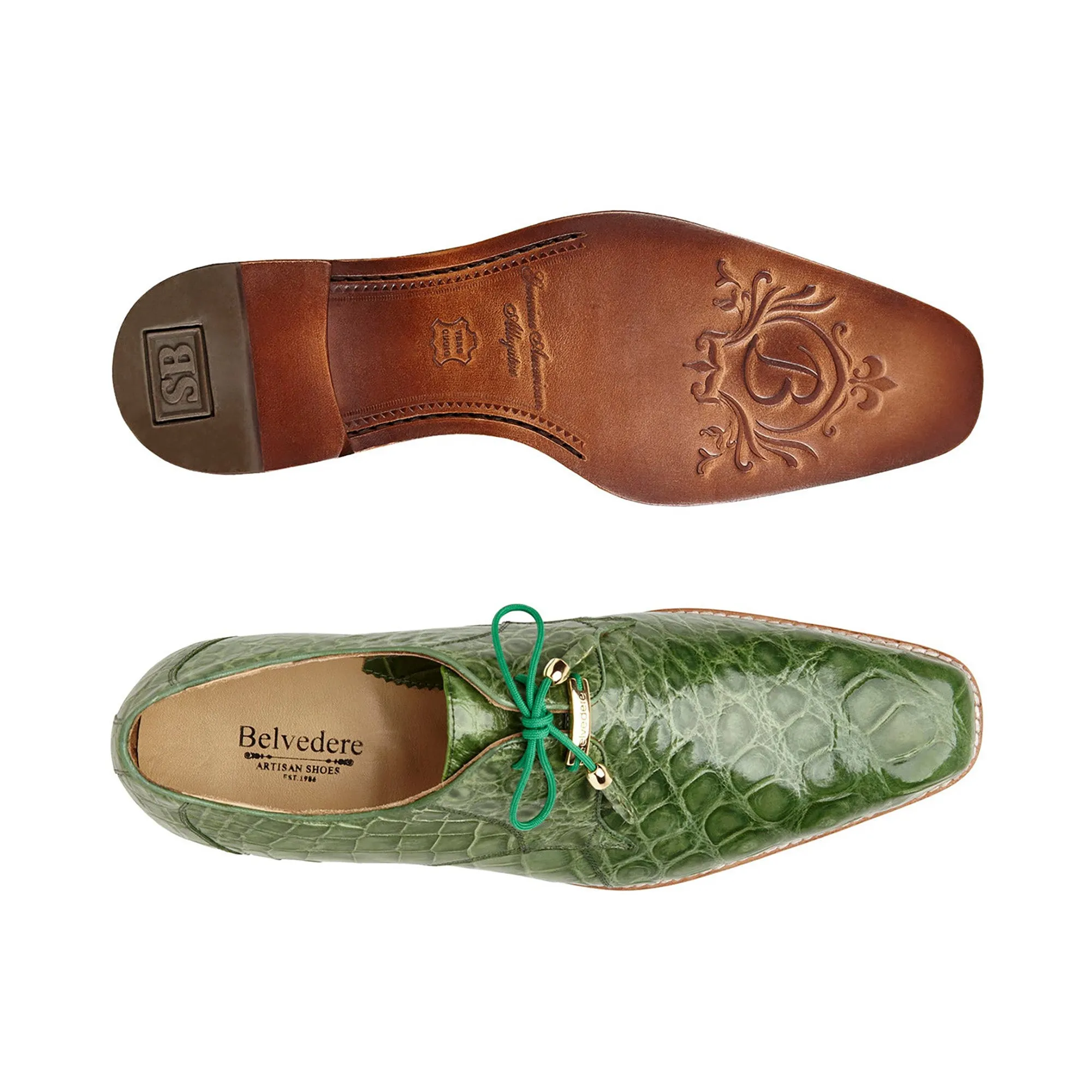 Belvedere Exotic Skin Shoes Belvedere Lago in Pistachio Genuine Alligator Oxfords