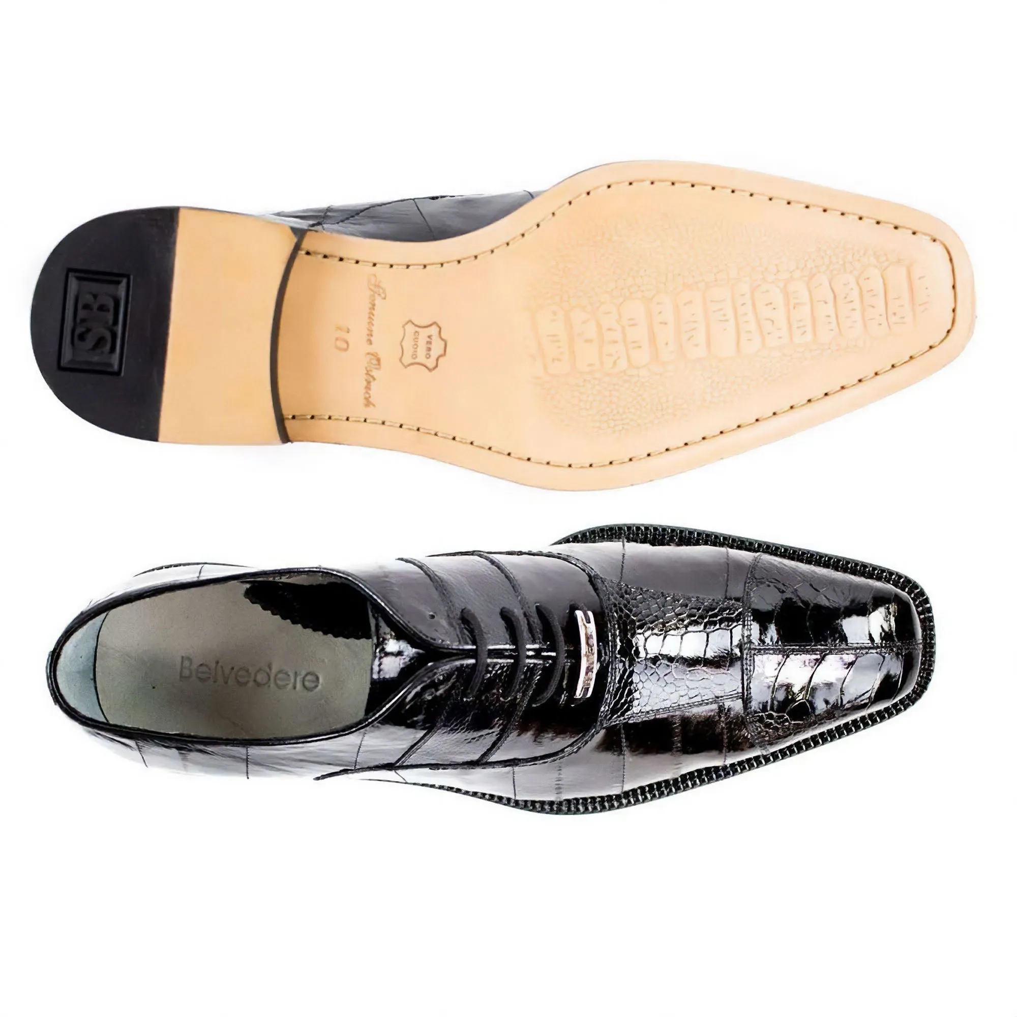 Belvedere Exotic Skin Shoes Belvedere Mare in Black Genuine Ostrich & Eel Oxfords