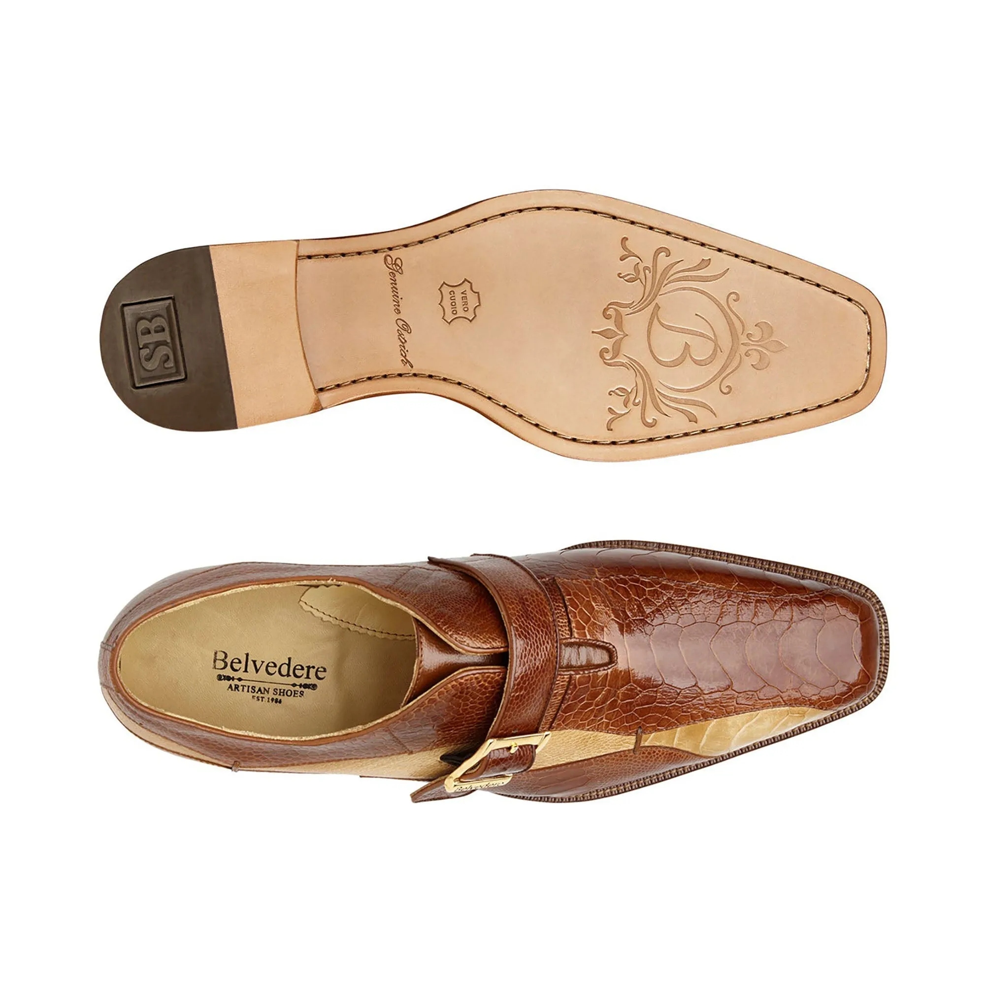 Belvedere Exotic Skin Shoes Belvedere Marte in Antique Camel / Bone Ostrich Leg Single Monk Strap Shoes
