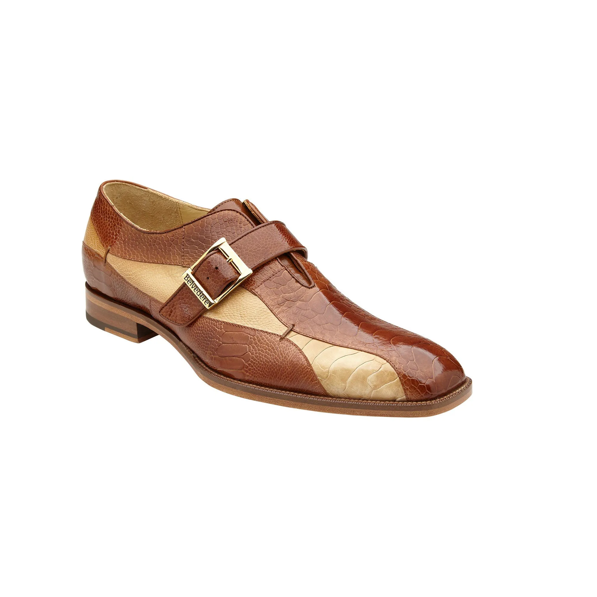 Belvedere Exotic Skin Shoes Belvedere Marte in Antique Camel / Bone Ostrich Leg Single Monk Strap Shoes