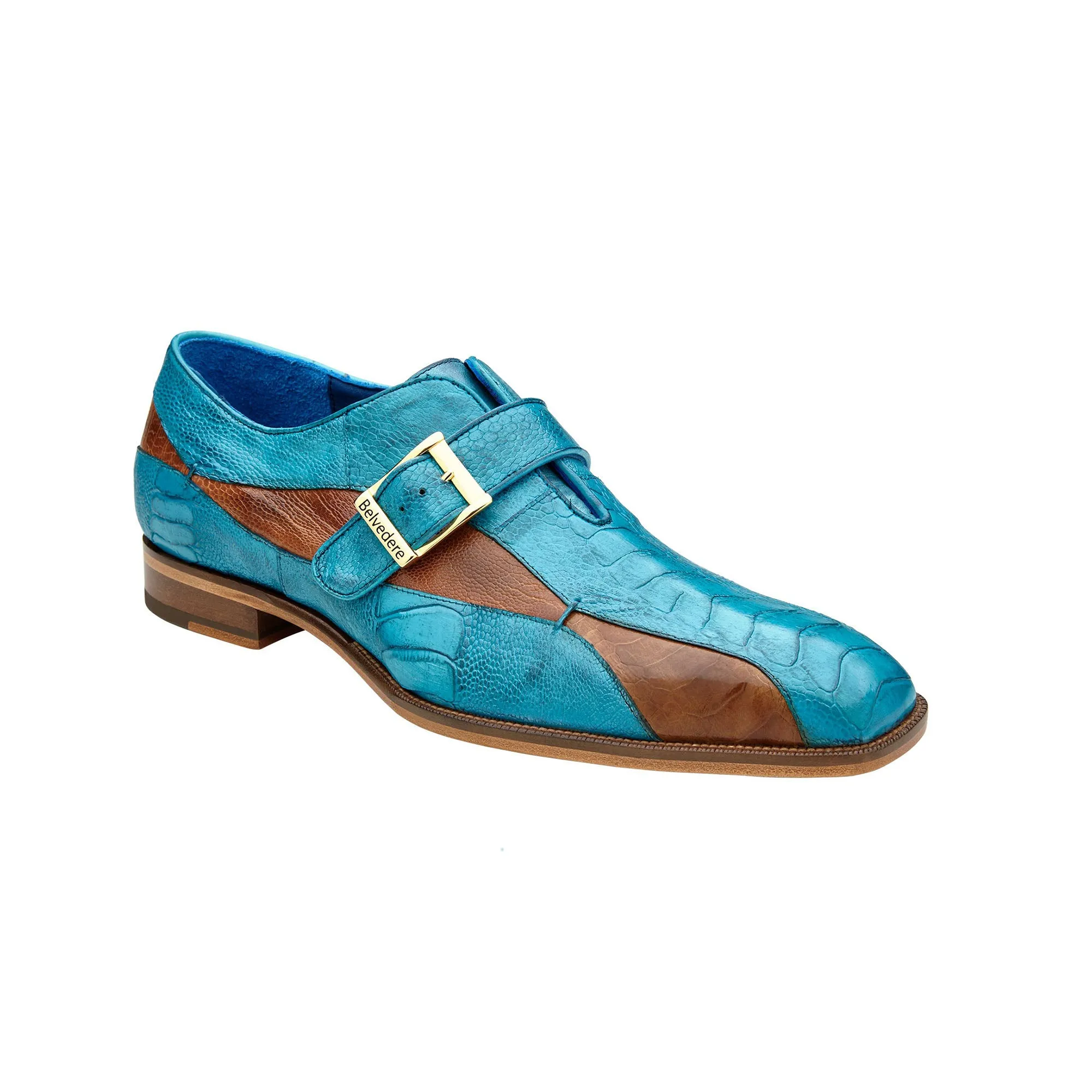 Belvedere Exotic Skin Shoes Belvedere Marte in Antique Ocean Blue / Brandy Ostrich Leg Single Monk Strap Shoes