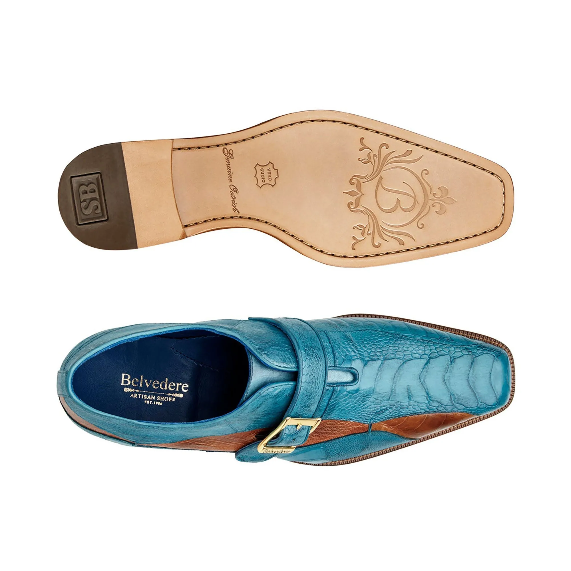 Belvedere Exotic Skin Shoes Belvedere Marte in Antique Ocean Blue / Brandy Ostrich Leg Single Monk Strap Shoes