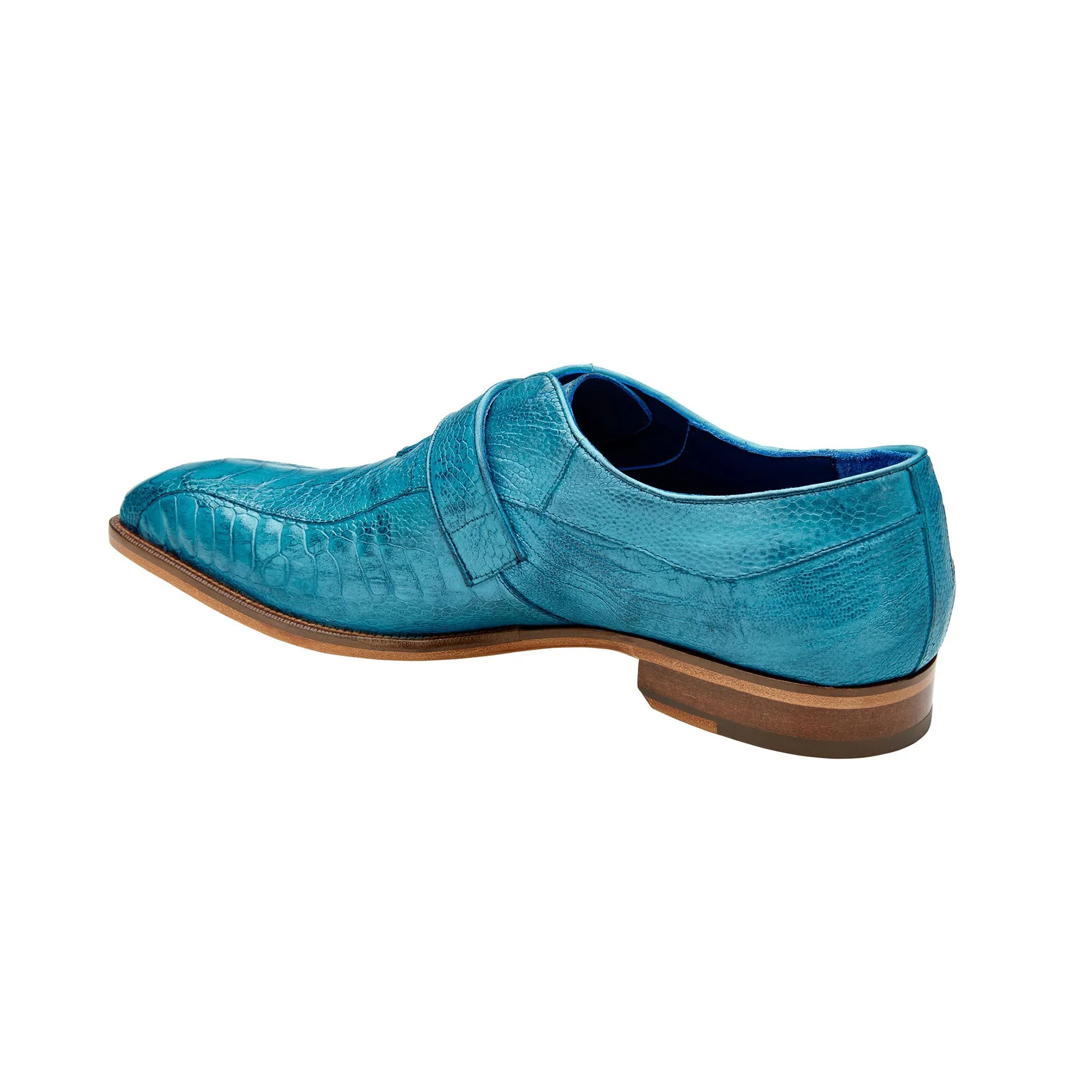 Belvedere Exotic Skin Shoes Belvedere Marte in Antique Ocean Blue / Brandy Ostrich Leg Single Monk Strap Shoes