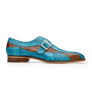 Belvedere Exotic Skin Shoes Belvedere Marte in Antique Ocean Blue / Brandy Ostrich Leg Single Monk Strap Shoes