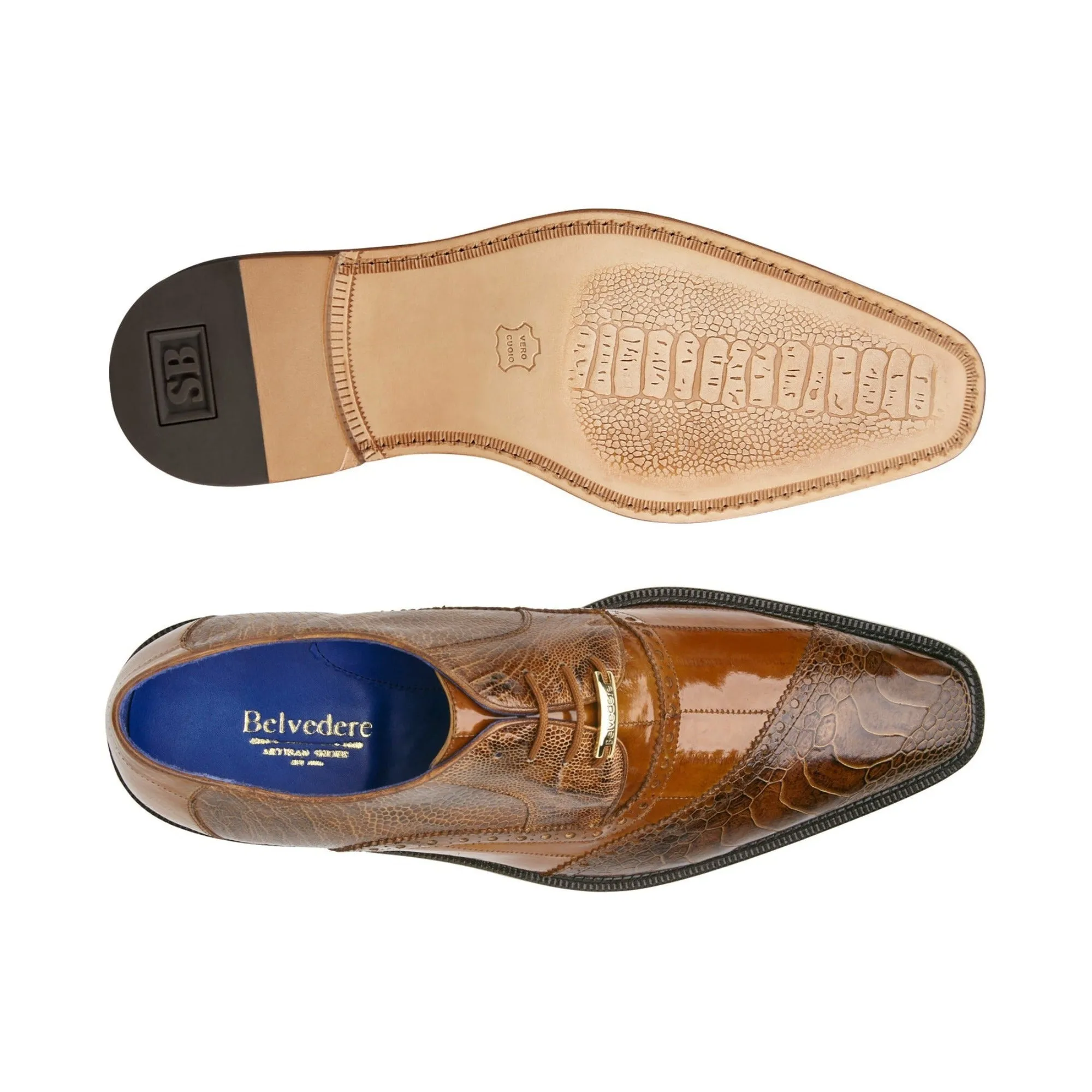 Belvedere Exotic Skin Shoes Belvedere Nino in Antique Camel Eel & Ostrich Oxfords