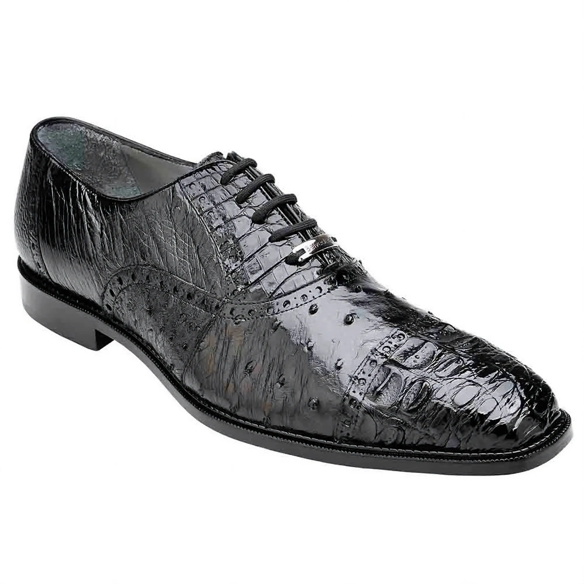 Belvedere Exotic Skin Shoes Belvedere Onesto II in Black Genuine Ostrich & Crocodile Oxfords