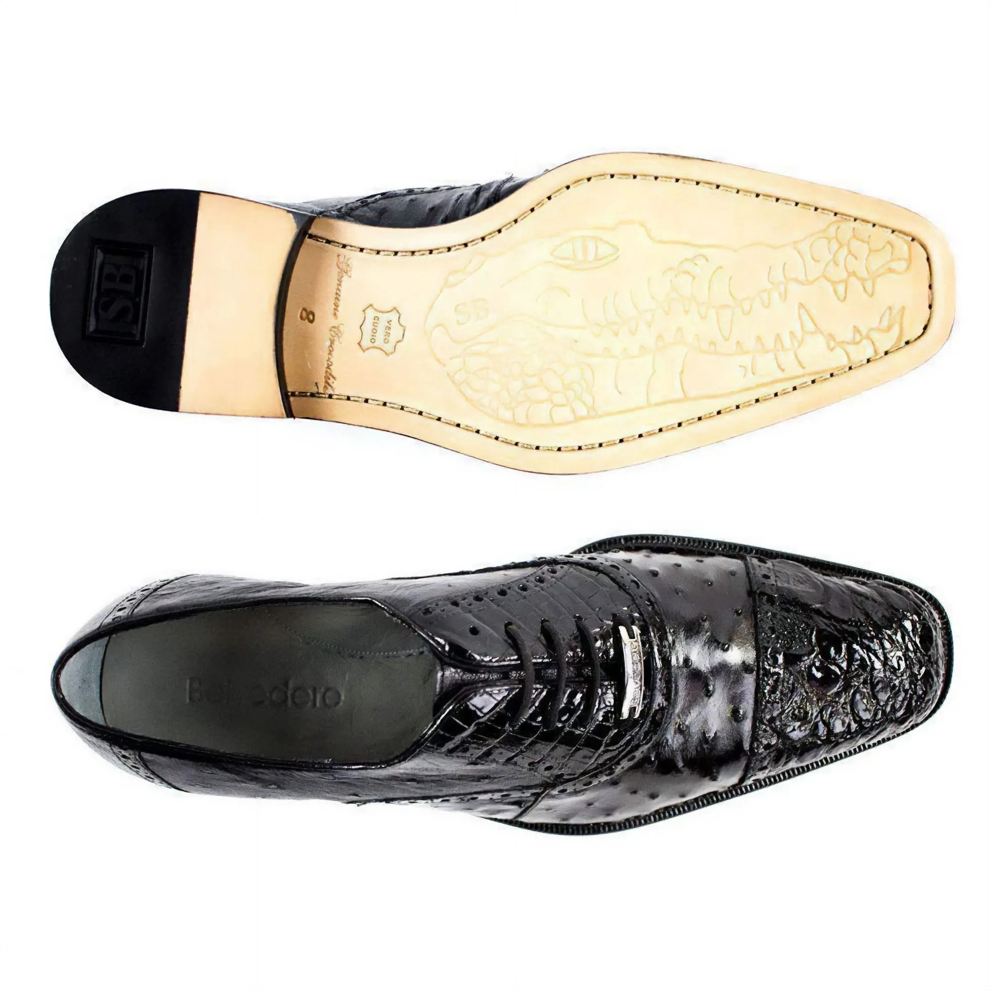 Belvedere Exotic Skin Shoes Belvedere Onesto II in Black Genuine Ostrich & Crocodile Oxfords