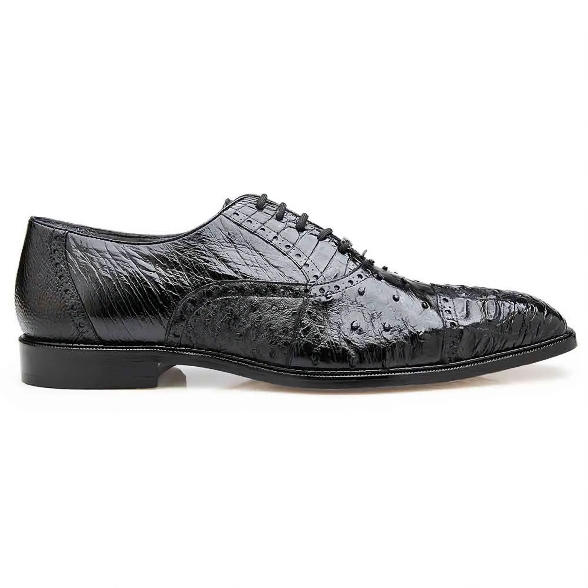 Belvedere Exotic Skin Shoes Belvedere Onesto II in Black Genuine Ostrich & Crocodile Oxfords