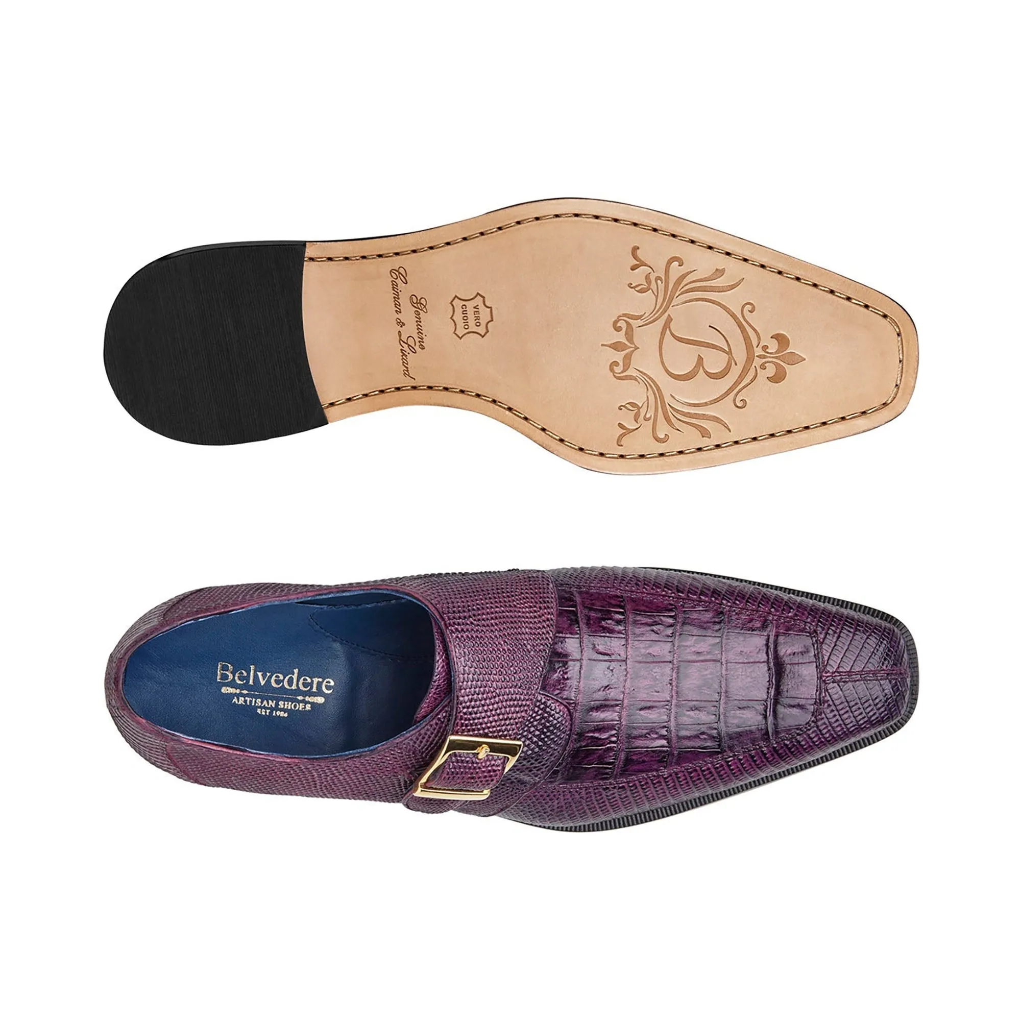 Belvedere Exotic Skin Shoes Belvedere Pablo in Antique Purple Caiman Crocodile and Lizard Monk Strap Shoes