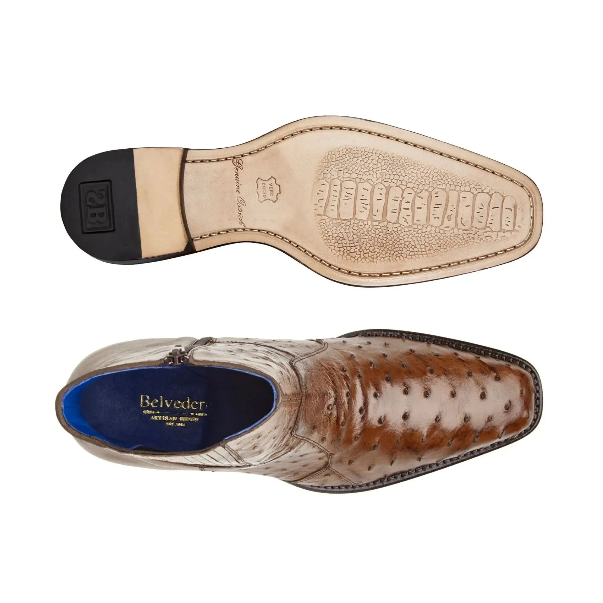 Belvedere Exotic Skin Shoes Belvedere Roger in Antique Brandy Genuine Ostrich Side Zipper Boot