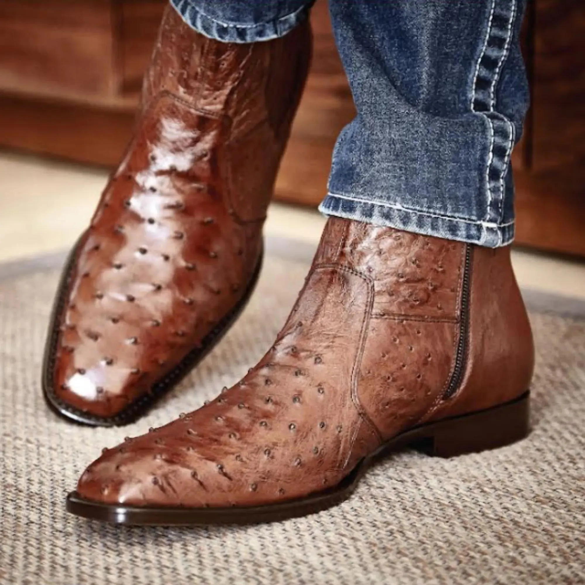 Belvedere Exotic Skin Shoes Belvedere Roger in Antique Brandy Genuine Ostrich Side Zipper Boot