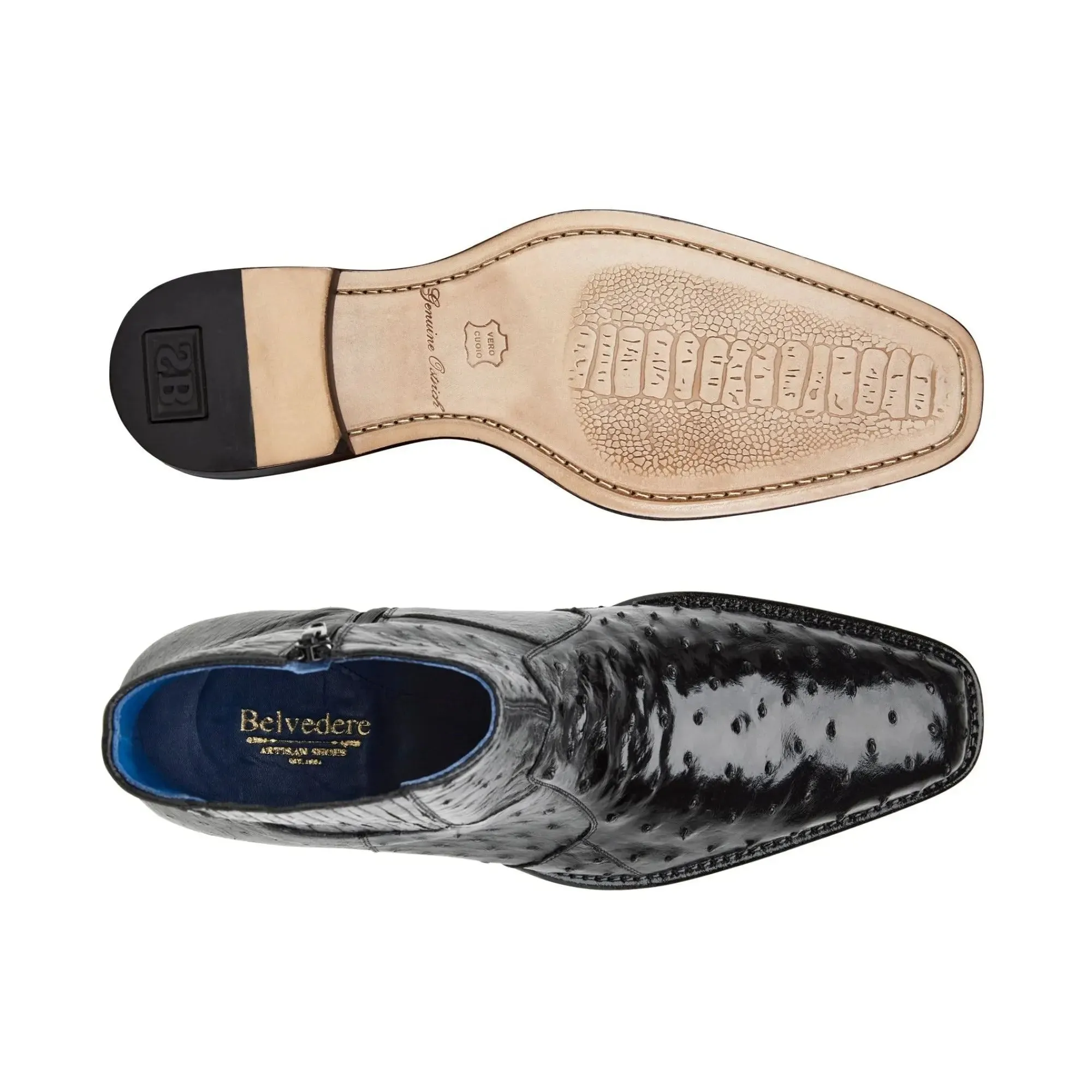 Belvedere Exotic Skin Shoes Belvedere Roger in Black Genuine Ostrich Side Zipper Boot