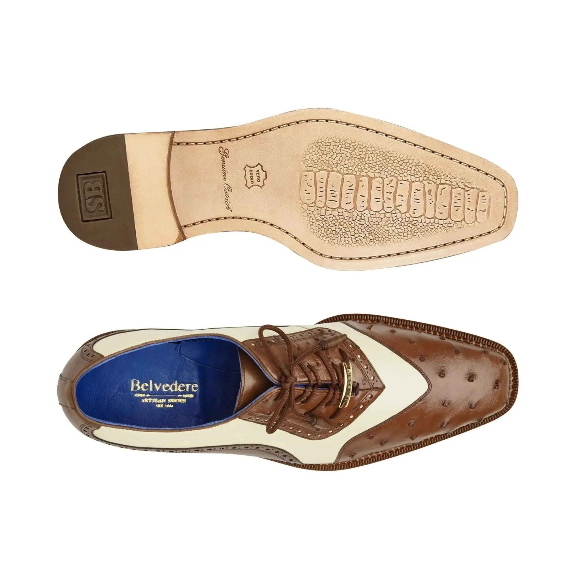 Belvedere Exotic Skin Shoes Belvedere Sesto in Brown / Cream Ostrich Quill Oxfords