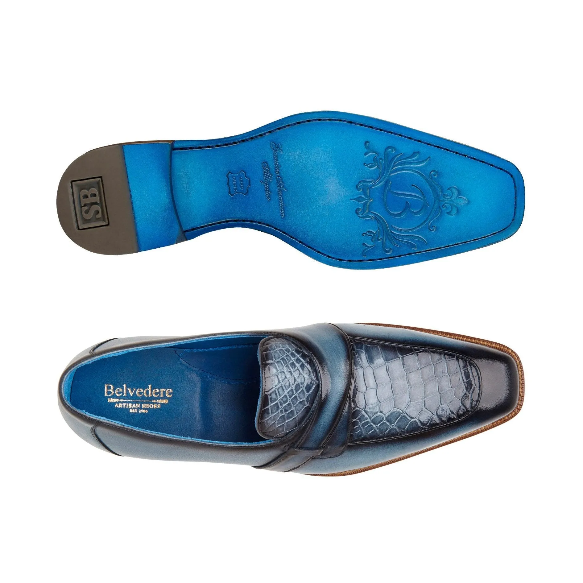 Belvedere Exotic Skin Shoes Belvedere Tornado in Antique Blue Jean American Alligator and Italian Calf Loafer