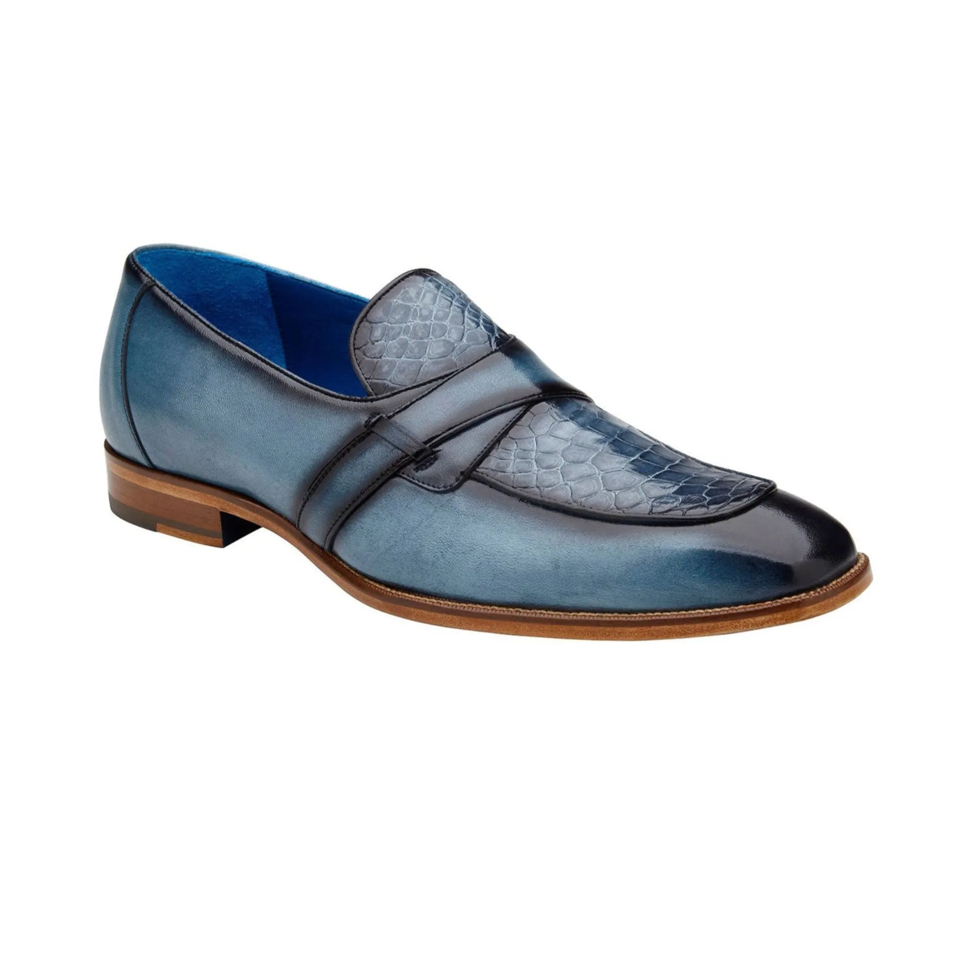 Belvedere Exotic Skin Shoes Belvedere Tornado in Antique Blue Jean American Alligator and Italian Calf Loafer