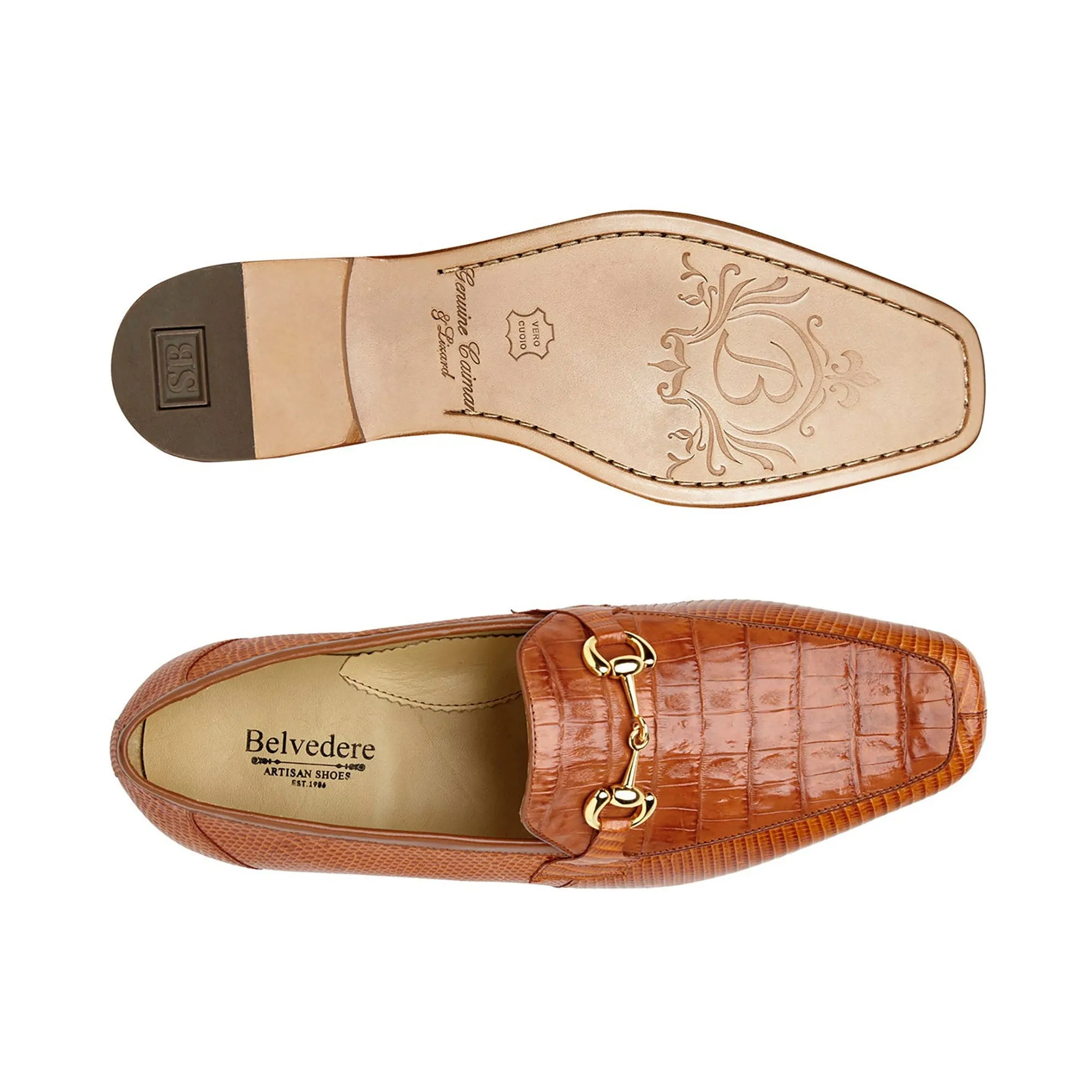 Belvedere Exotic Skin Shoes Belvedere Udine in Antique Brandy Genuine Caiman Crocodile and Lizard Loafers