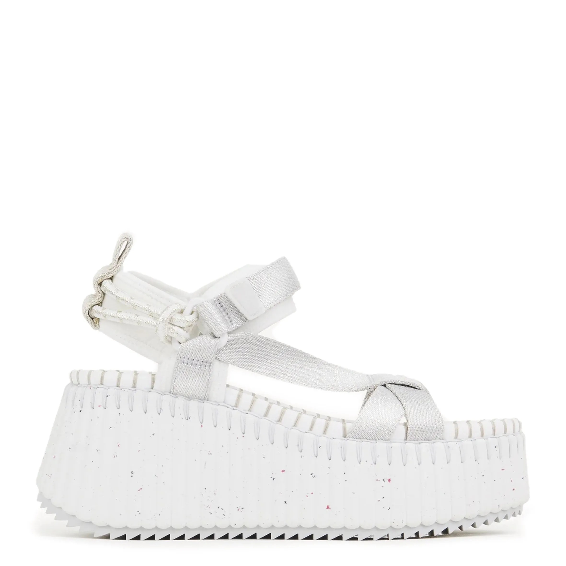 Chloé Shoes Nama Flatform Metallic Sandal, Silver