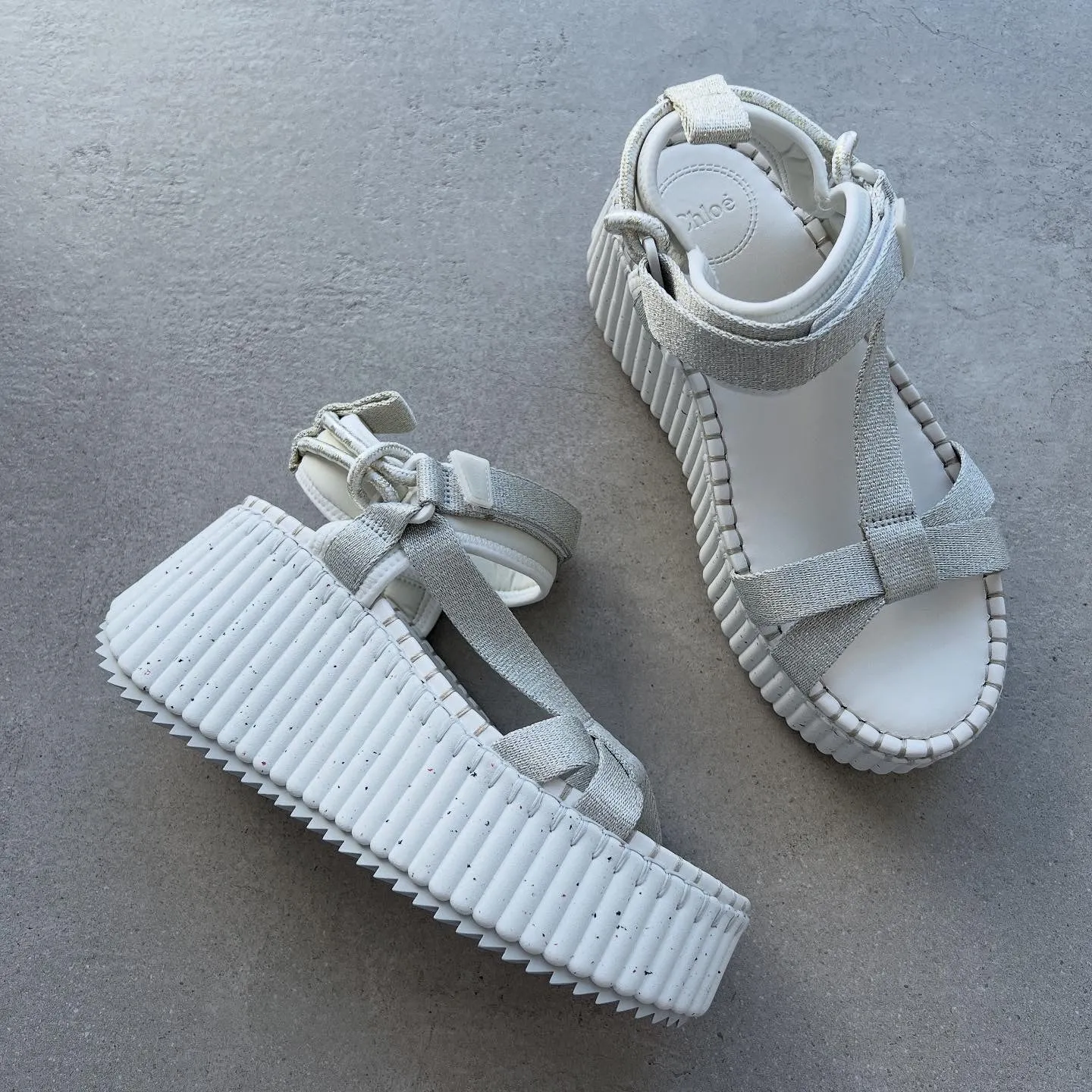 Chloé Shoes Nama Flatform Metallic Sandal, Silver