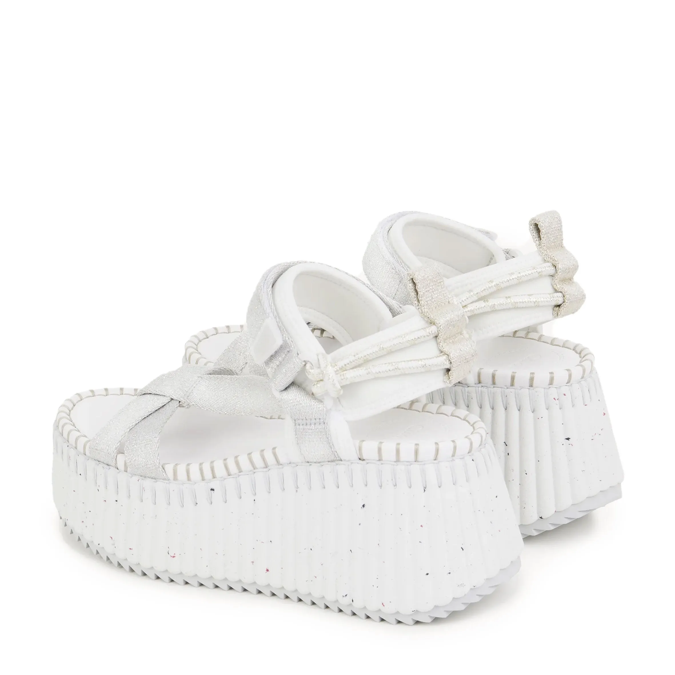 Chloé Shoes Nama Flatform Metallic Sandal, Silver