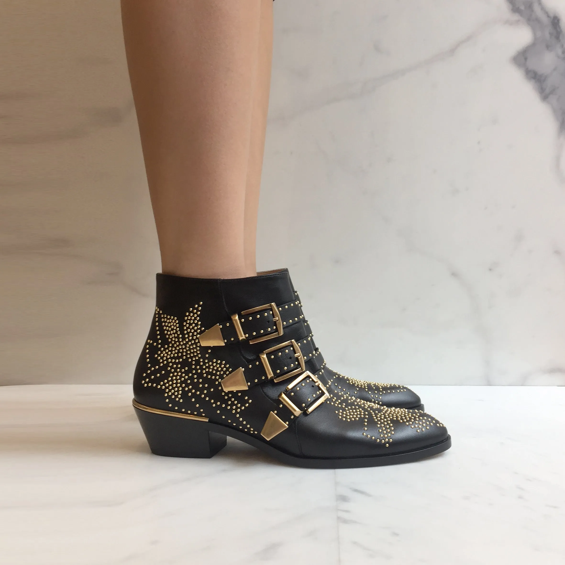 Chloé Shoes Susanna Low Boots, Black/Gold