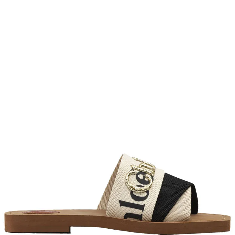 Chloé Shoes Woody Embroidered Logo Slide, Black /White