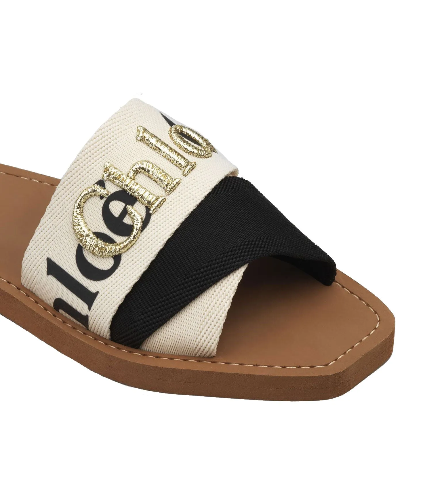 Chloé Shoes Woody Embroidered Logo Slide, Black /White