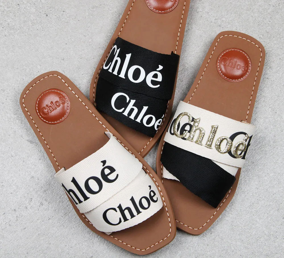 Chloé Shoes Woody Embroidered Logo Slide, Black /White
