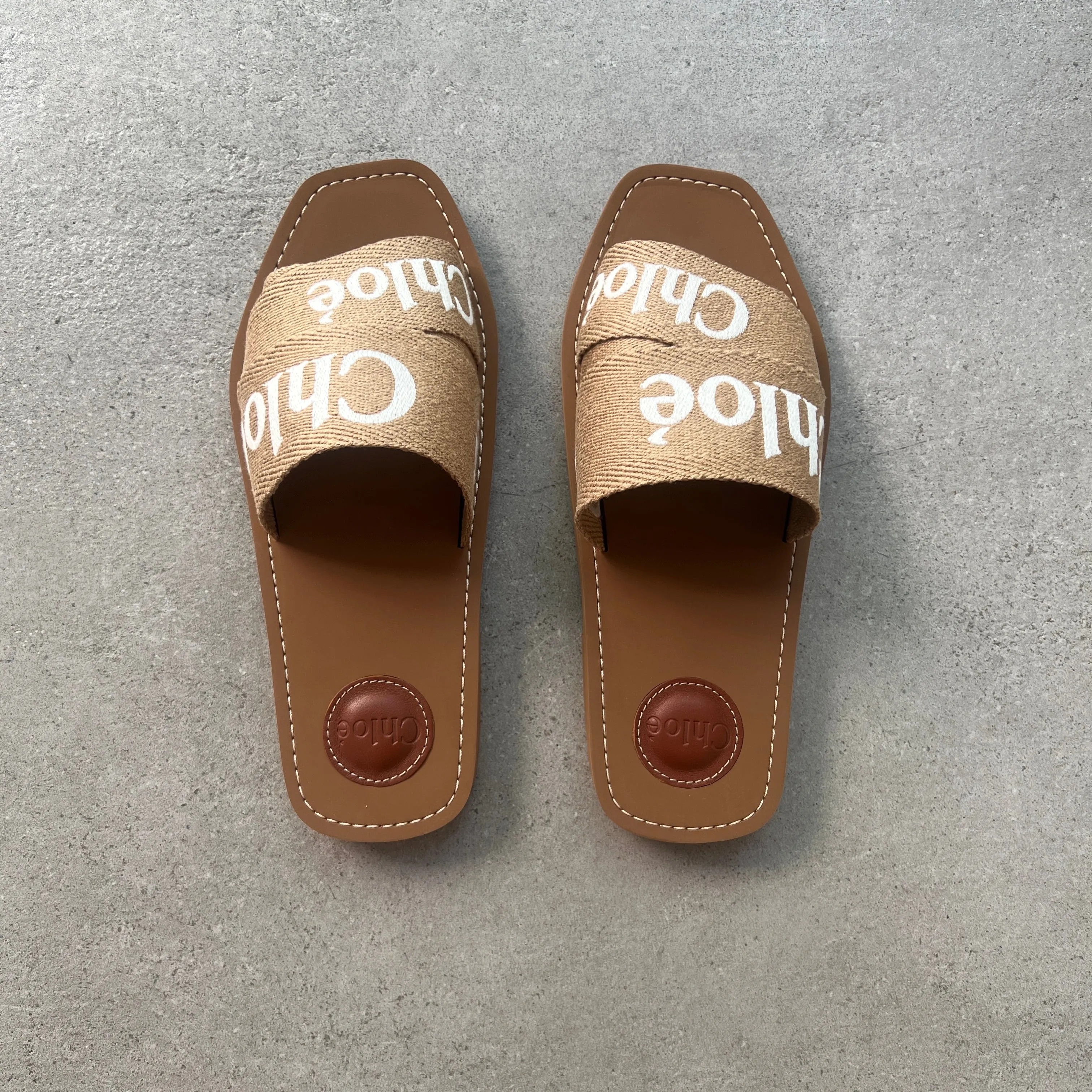 Chloé Shoes Woody Embroidered Logo Slide, Desert Beige