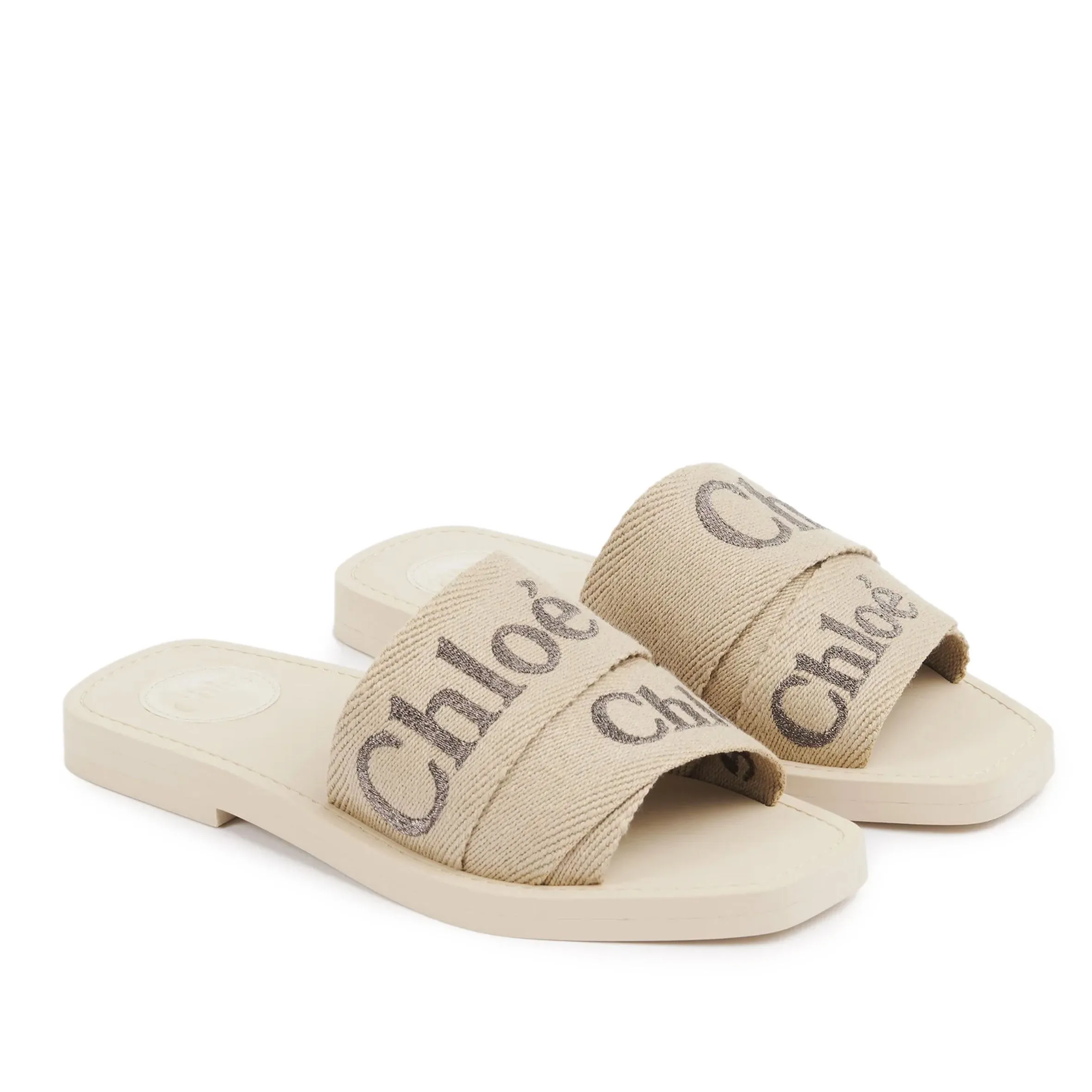 Chloé Shoes Woody Embroidered Metallic Logo Slide, Multi Beige