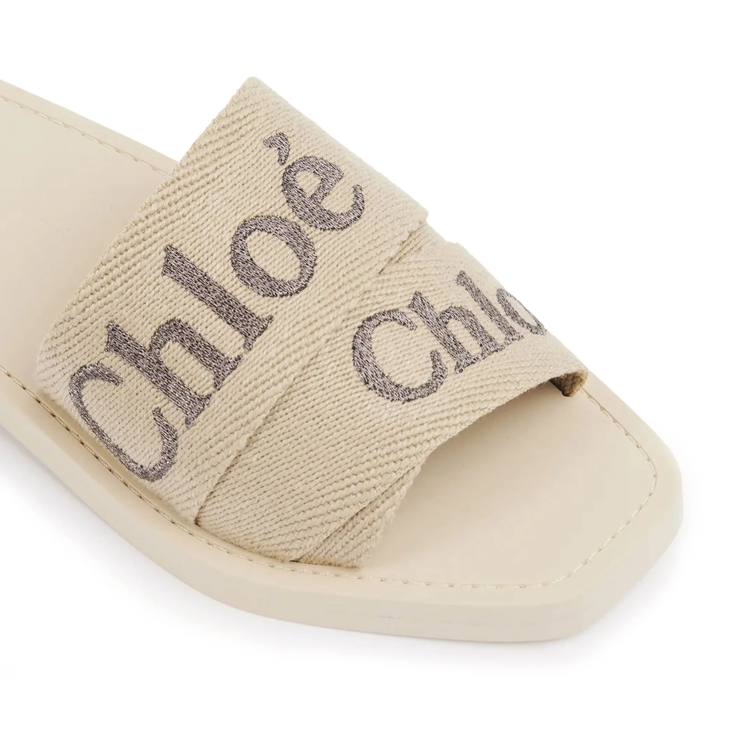 Chloé Shoes Woody Embroidered Metallic Logo Slide, Multi Beige