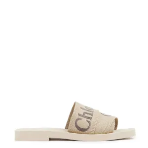Chloé Shoes Woody Embroidered Metallic Logo Slide, Multi Beige