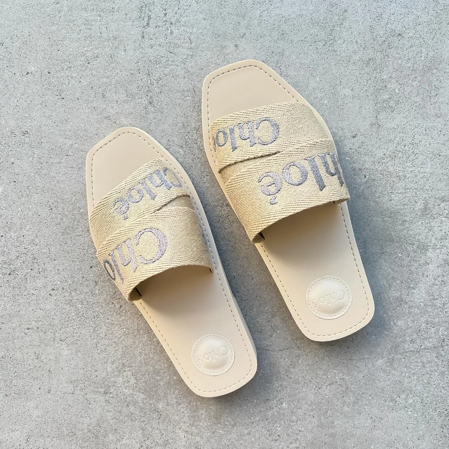Chloé Shoes Woody Embroidered Metallic Logo Slide, Multi Beige