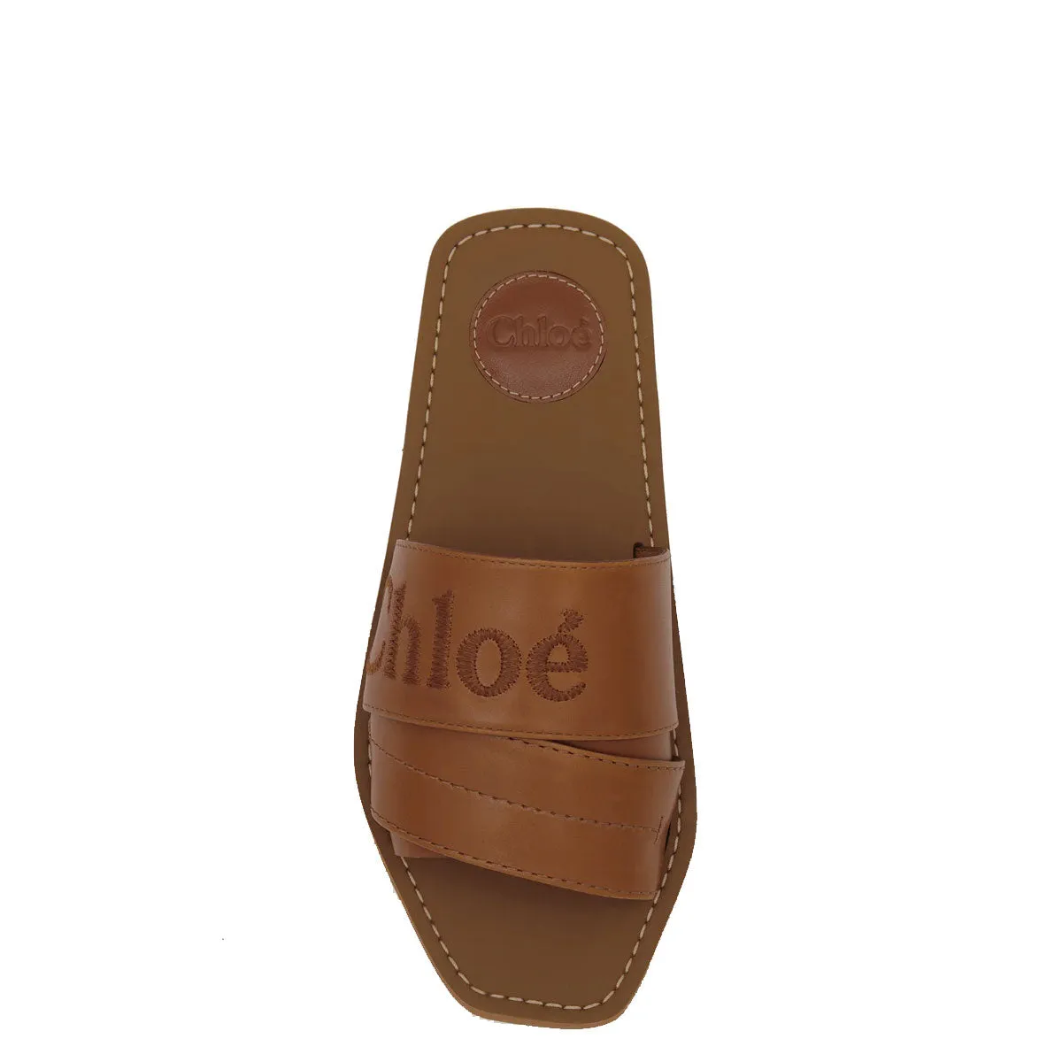 Chloé Shoes Woody Logo Leather Slide, Caramello