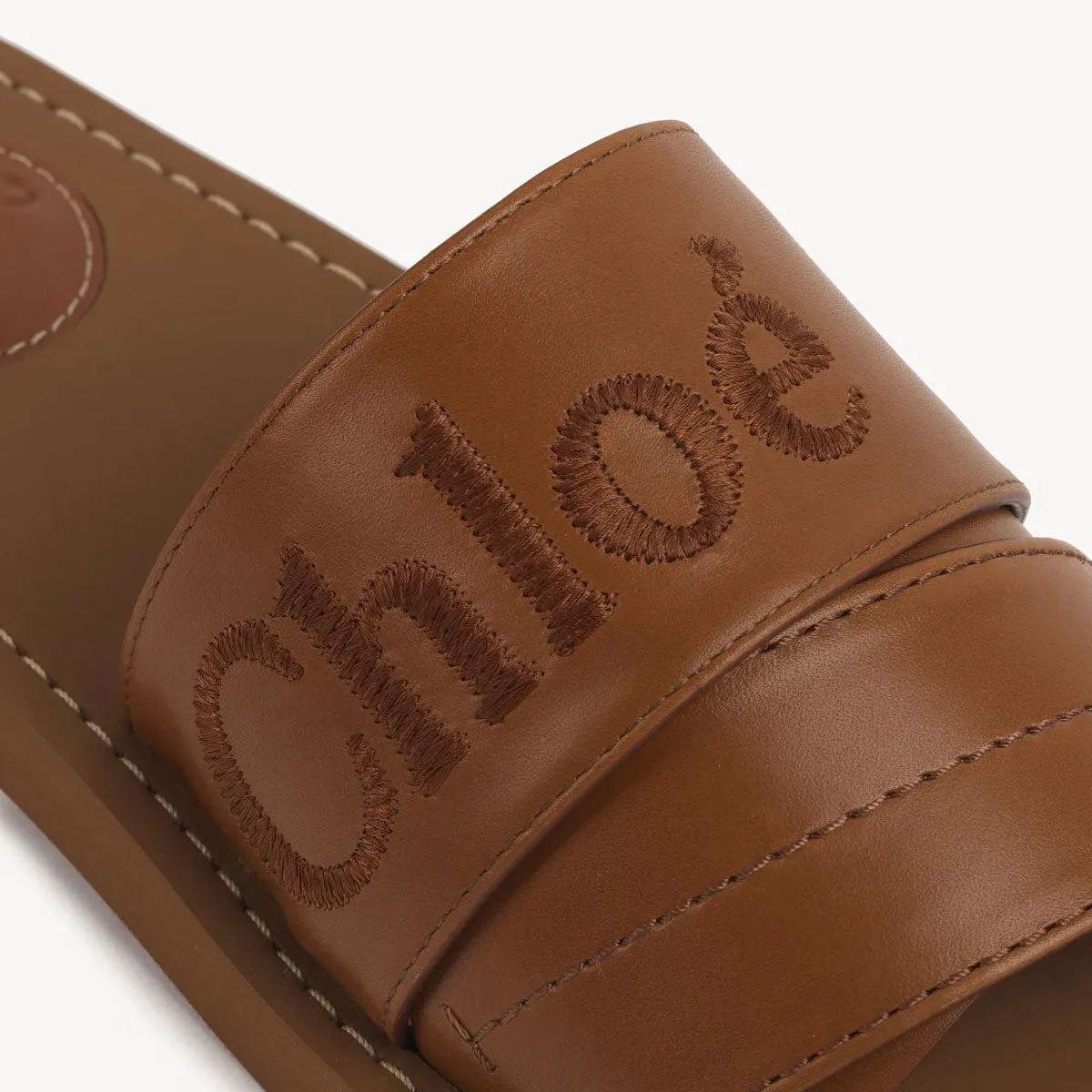 Chloé Shoes Woody Logo Leather Slide, Caramello